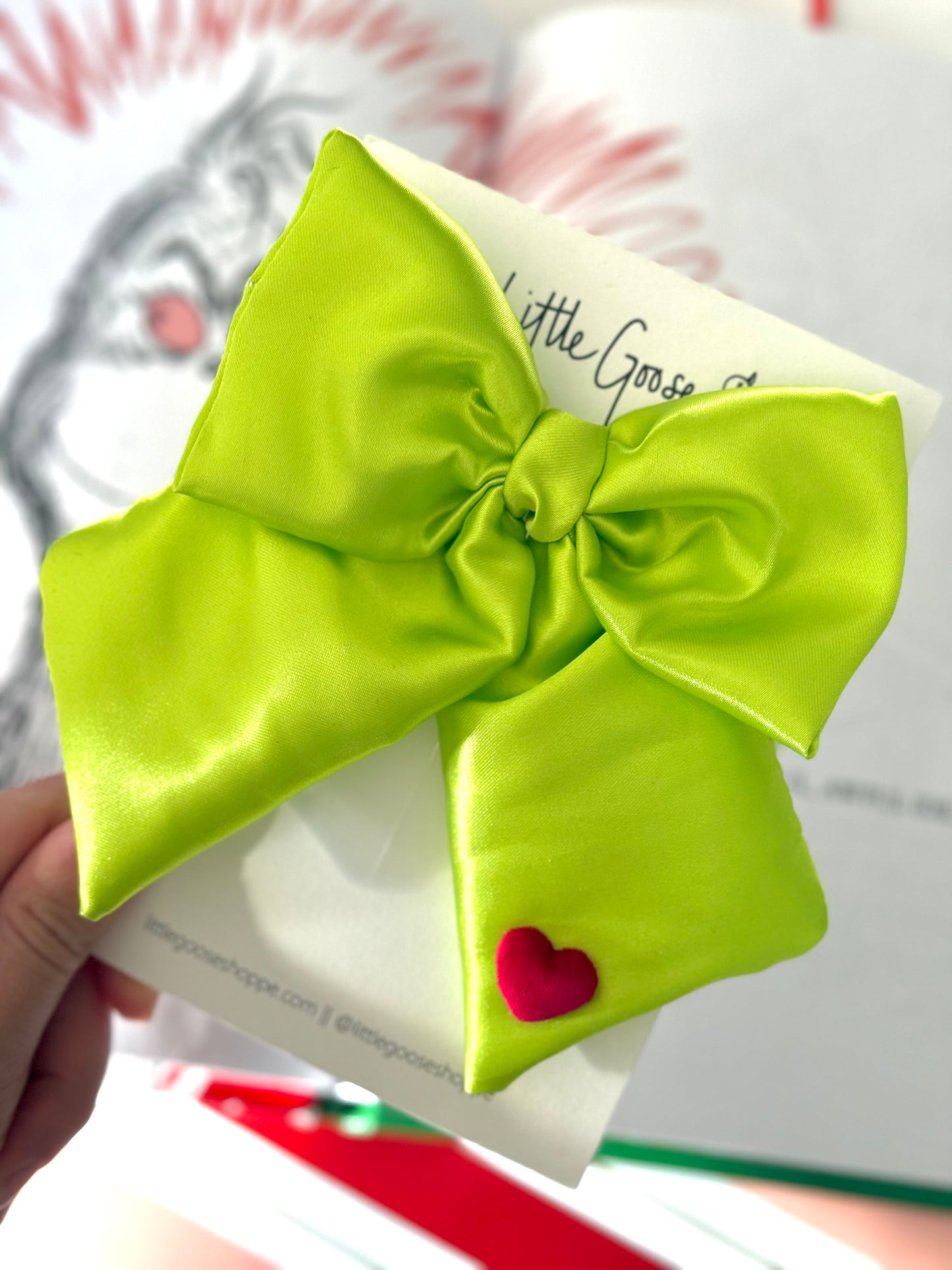 Grinchy Green Satin Long Tail Bow